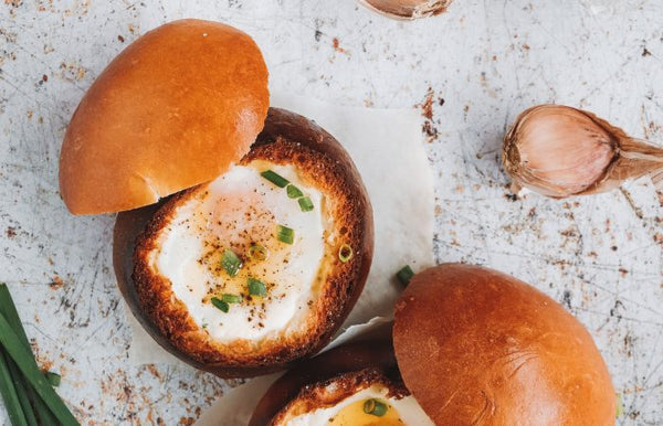Egg casserole in a bread nest, garlic pulp