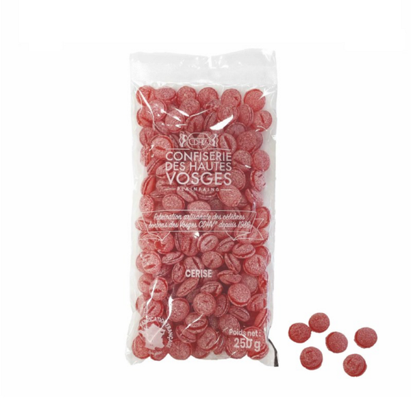 Bag of 250g of bulk CDHV's 100% natural cherry frosted candies.