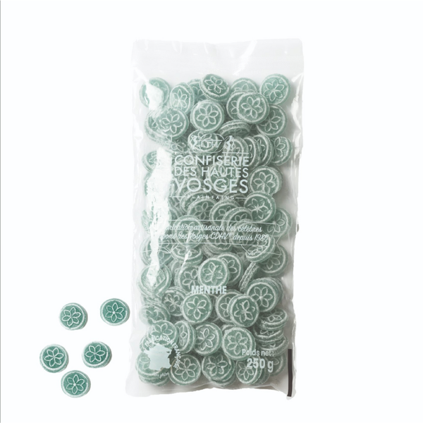 Bag of 250g of bulk CDHV's 100% natural mint frosted candies.