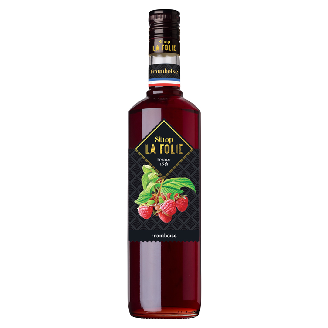 Bottle of Combier Distillery's raspberry syrup. Net weight: 70cl