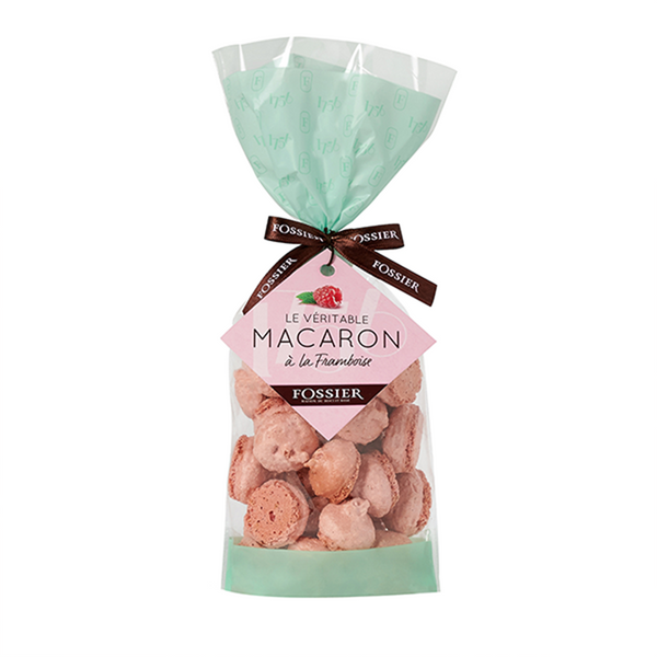 Bag of Fossier's raspberry macarons. Net weight: 120g
