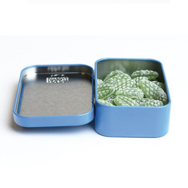 CDHV's eucalyptus 100% natural frosted candies in opened collector tin. Net weight: 70g