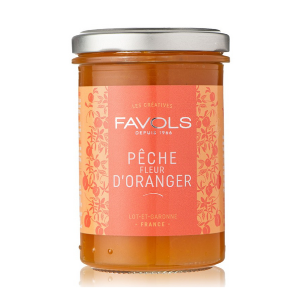 Delectable! Favols' peach & orange blossom jam comes in a jar. Net weight 260g. Contains cane sugar.