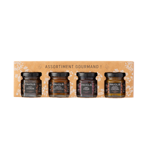 Favols' chutney set of 4 includes 1 Onion Confit, 1 Apricot Chutney gingerbread-style; 1 Fig Chutney; 1 Mango Curcuma Chutney (4 mini jars of 50g each).They will go perfectly with your aperitifs and your meals to satisfy everyone's tastes! Favols' cooking allows to preserve all of the natural flavors, textures, and properties of its products as it is vacuum-packed and at low temperature.