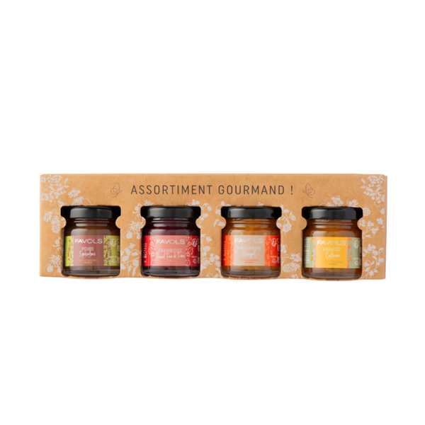 This set of 4 Fancy Mini-Jams includes 1 Pear Speculoos; 1 Raspberry Pink Biscuit of Reims; 1 Mandarin Nougat & 1 Apricot Calisson.