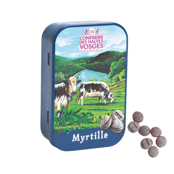 CDHV's blueberry 100% natural frosted candies in collector tin. Net weight: 70g