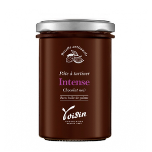 French master chocolatier Voisin's dark chocolate spread comes in a jar. Net weight: 240g. Spread this palm-oil free, gluten-free, nut-free delight on toast, crêpes, pancakes, or savour on its own! Enjoy the intensity of Voisin's dark chocolate, made w/ less sugar. 