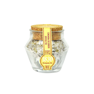Refillable jar of Maison Bremond 1830's Camargue fleur de sel and salt with herbs of Provence. Net weight: 90g
