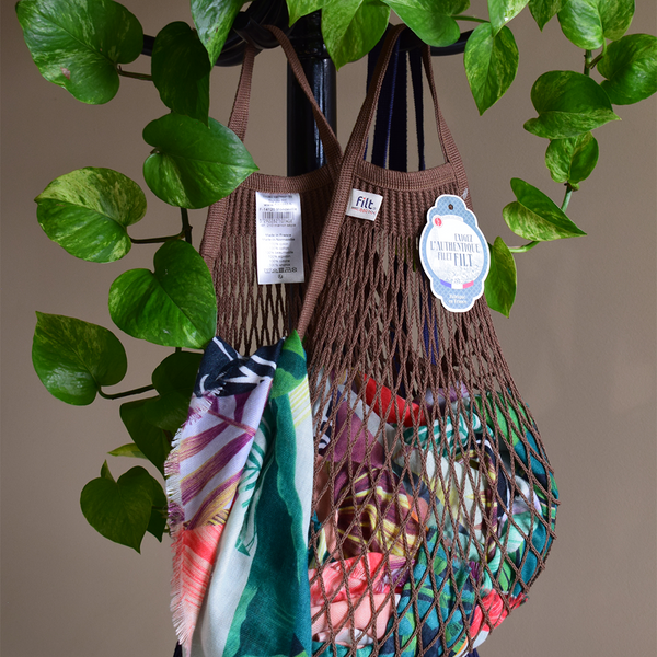 Sepia brown Filt 1860's 100% cotton net shopping bag hung with scarves inside