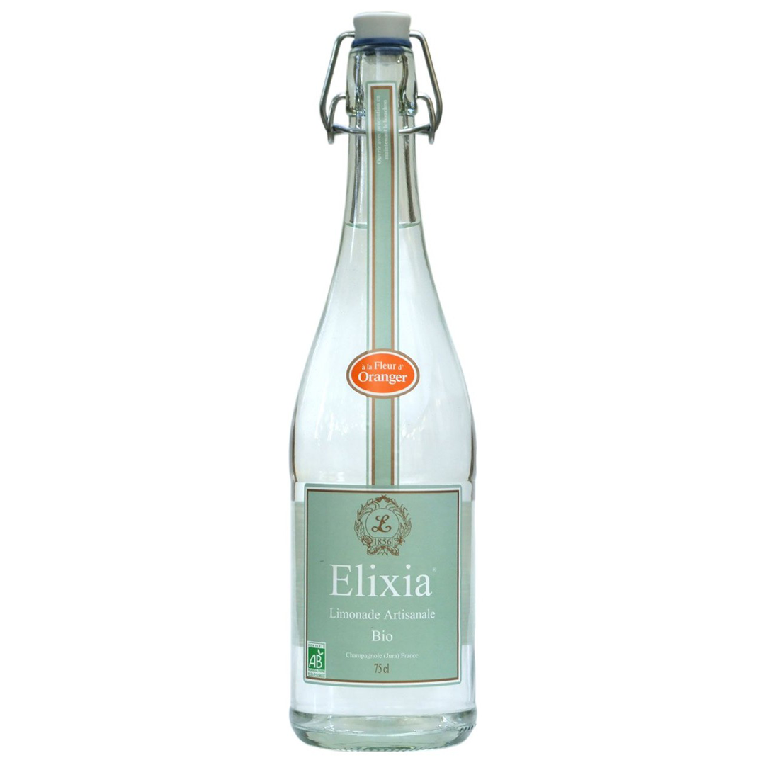 Bottle of Elixia organic lemonade with orange blossom. Net weight: 75cl