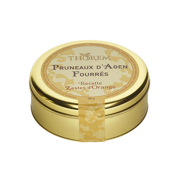 Tin of pruneaux d'Agen stuffed with apple, apricot and orange zest.