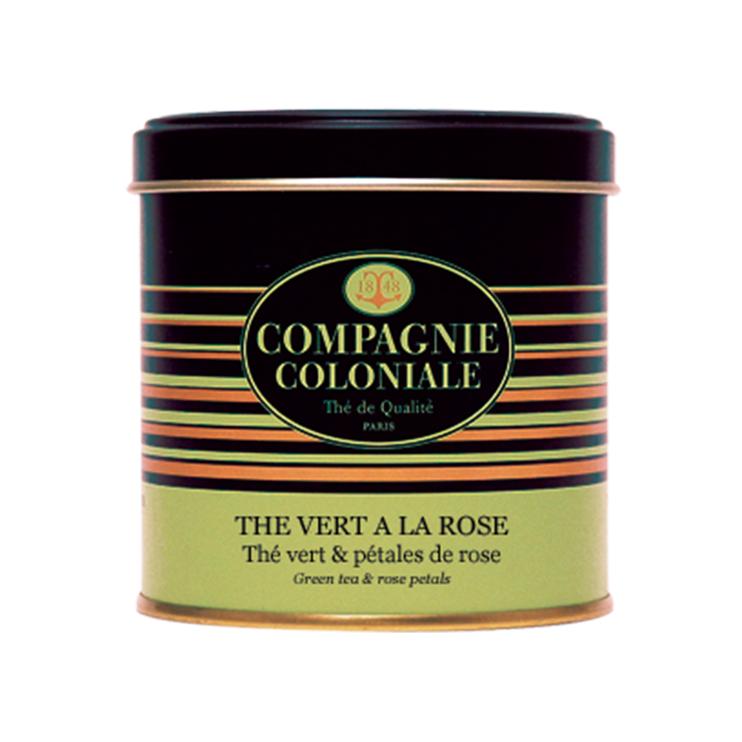 Tin of Compagnie Coloniale's Green Tea with rose and rose petals. Net weight: 100g