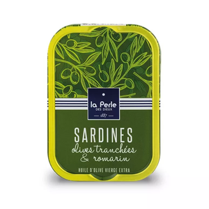 La Perle des Dieux' tin of sardines with sliced olives and rosemary. Net weight: 115g