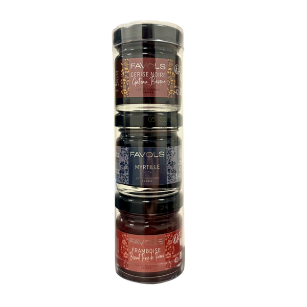 Favols' Set of 3 Mini-Jams comes with 1 Black Cherry Basque Cake; 1 Blueberry & 1 Raspberry Pink Biscuit of Reims