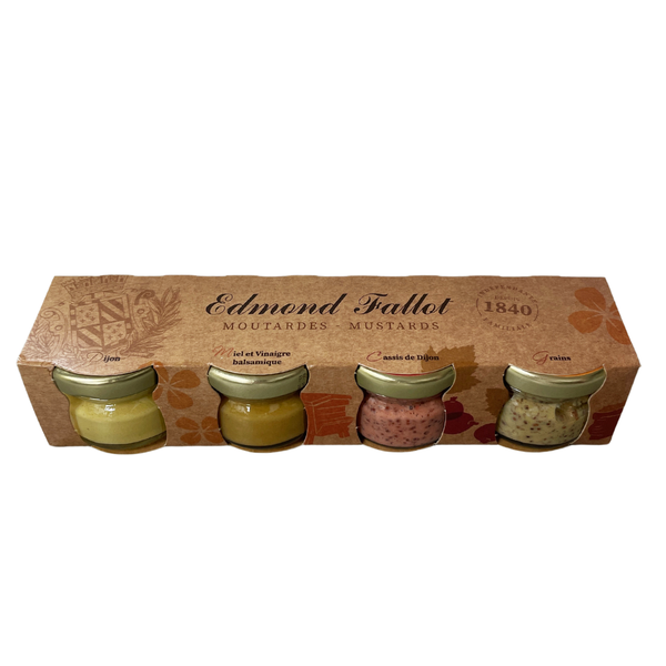 Fallot's set of 4 mini mustards comes with 1 Gold Winner Dijon Mustard; 1 Honey & Balsamic Mustard; 1 Blackcurrant Mustard & 1 Grainy Mustard