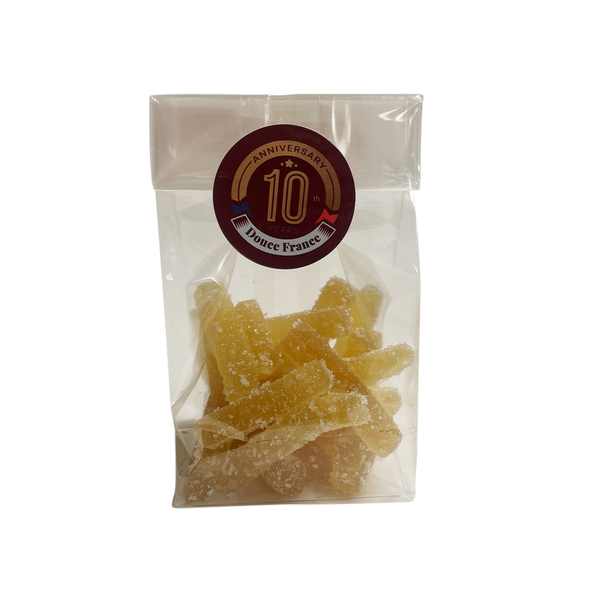 Bag of sugared ginger peel. Net weight: 100g