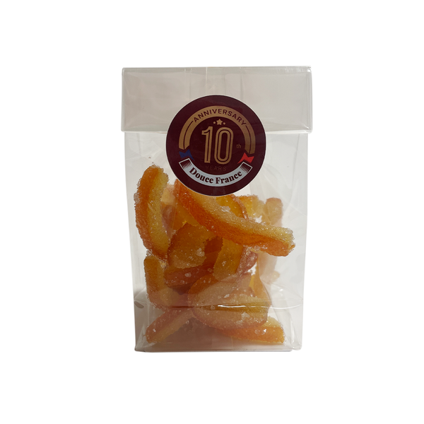 Bag of sugared orange peel. Net weight: 100g