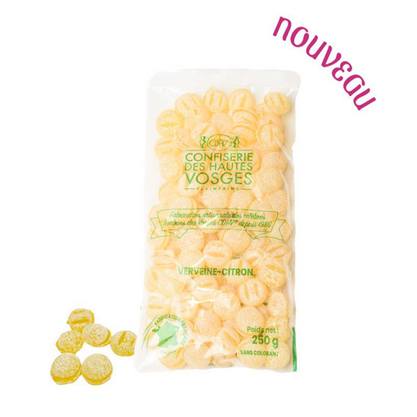 Bag of 250g of bulk CDHV's 100% natural lemon & verbena frosted candies.