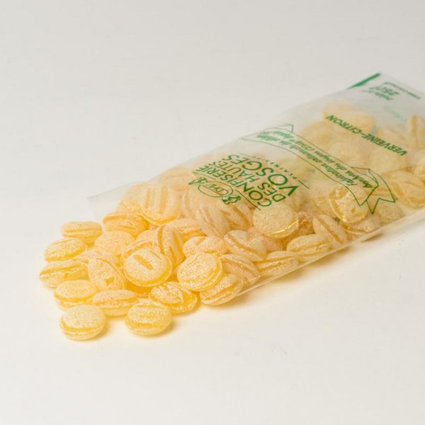 Opened bag of 250g of bulk CDHV's 100% natural lemon & verbena frosted candies.