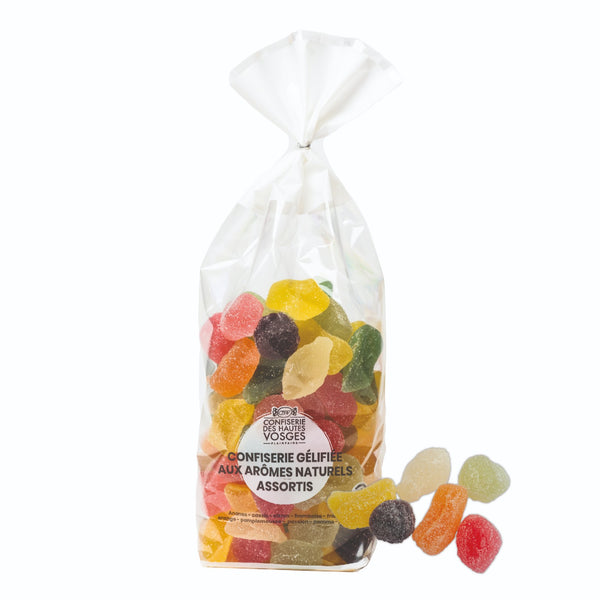 CDHV's assorted fruit jelly candies in a bag with some loose ones in the foreground. Net weight: 350g