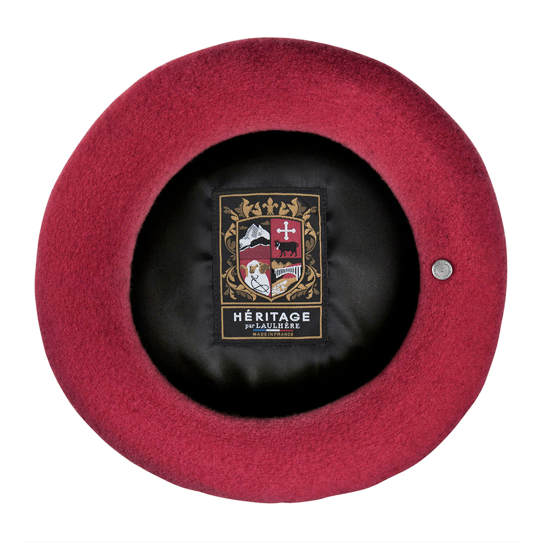 Inside view of Laulhère's 100% merino wool authentic beret - burgundy 