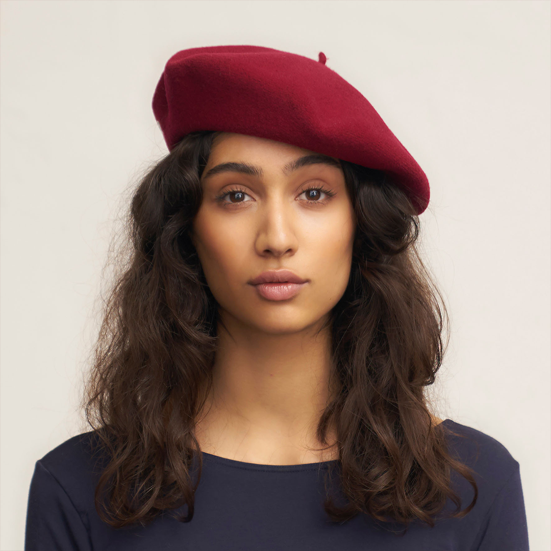 Laulhère's 100% merino wool authentic beret - burgundy - worn by model