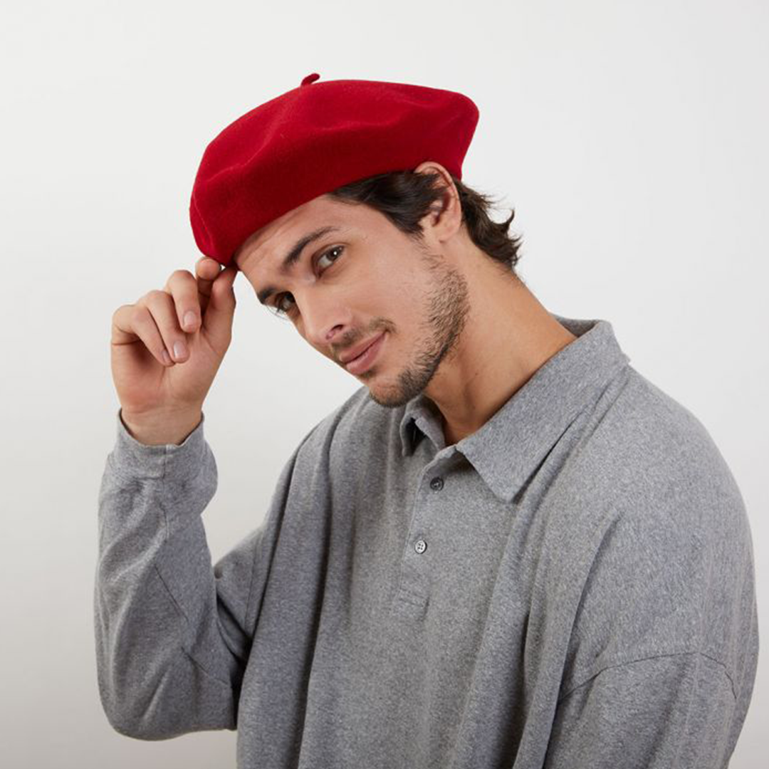 Laulhère's 100% merino wool authentic beret - passion - worn by model