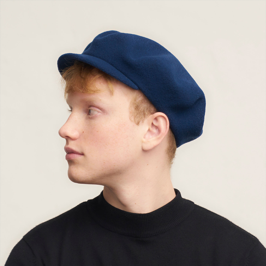 Laulhère's 100% French merino wool Campus cap beret - Eclipse blue - worn by model