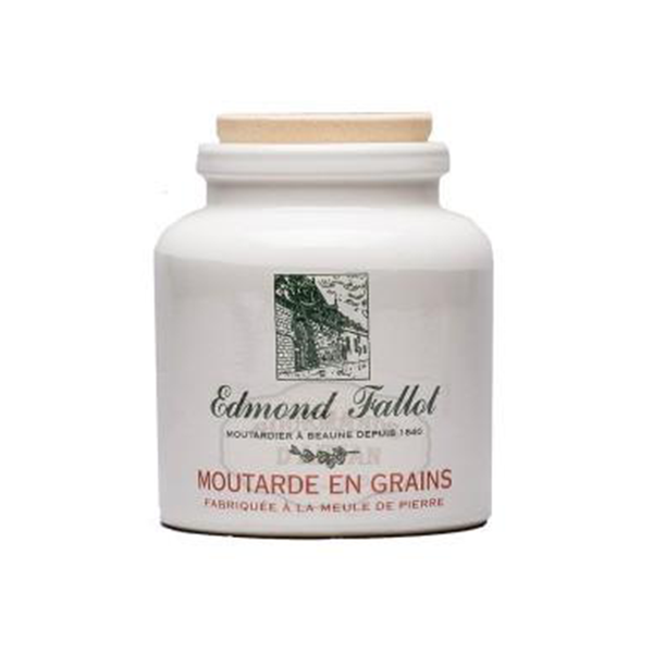 Stoneware jar of Edmond Fallot's grainy mustard. Net weight: 250g