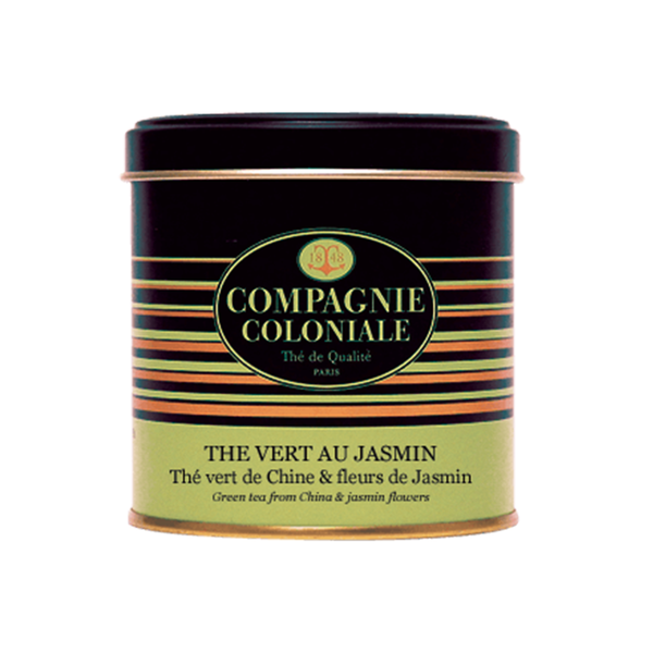 Tin of Compagnie Coloniale's Jasmin Green Tea. Net weight: 100g