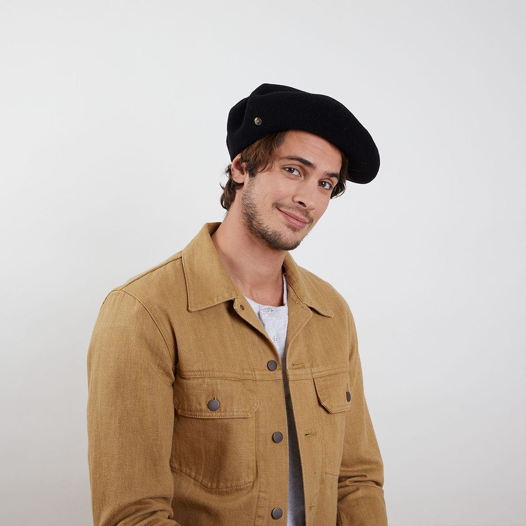 Laulhère's 100% French merino wool Max beret - black - worn by a model