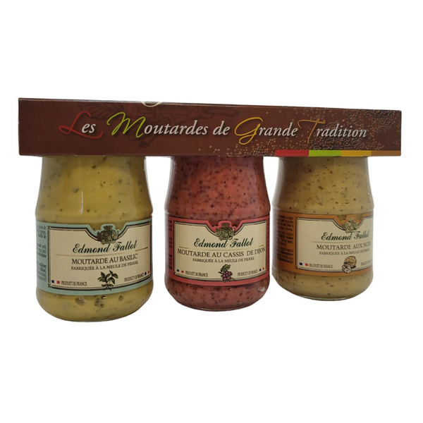 Fallot's set of 3 mustards includes 1 basil mustard; 1 blackcurrant mustard & 1 walnut mustard.