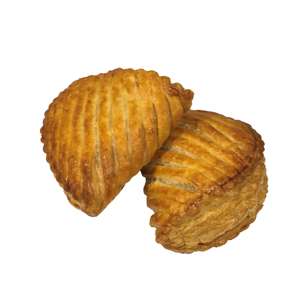Two pure butter apple turnovers made in France and baked on premises
