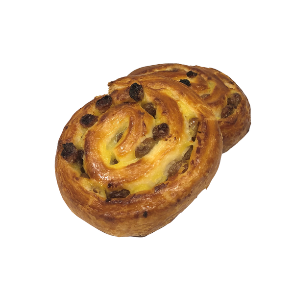Two pure butter pains-aux-raisins made in France and baked  in house