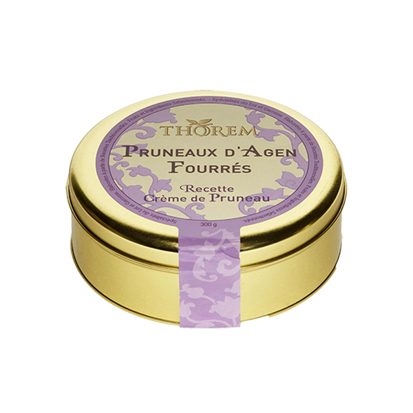 Tin of pruneaux d'Agen stuffed with apple, apricot, plum pulp and a touch of vanilla.