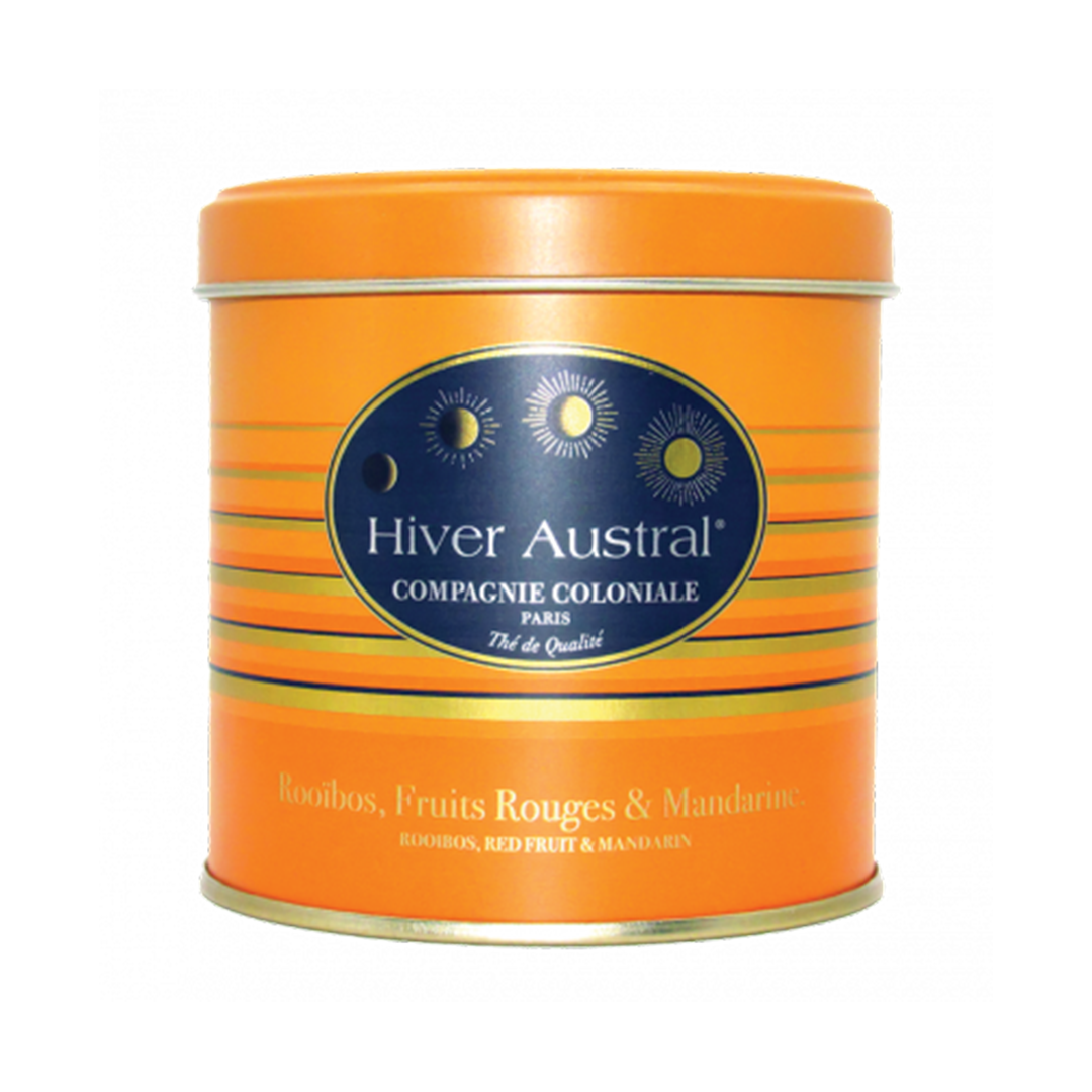 Tin of Compagnie Coloniale's Rooibos Hiver Austral Tea. Net weight: 100g