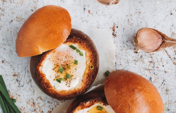 Egg casserole in a bread nest, garlic pulp