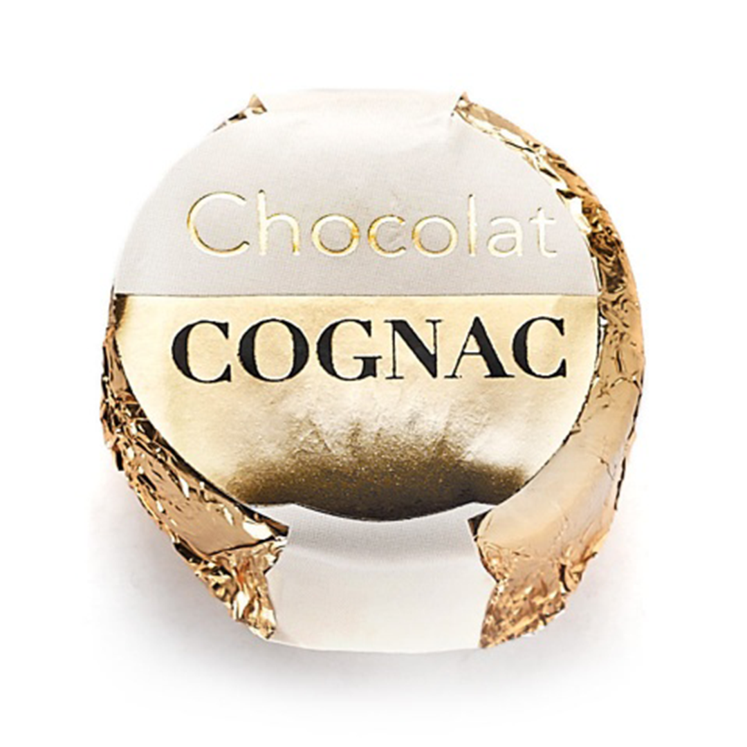 Old cognac coated with intense dark chocolate.