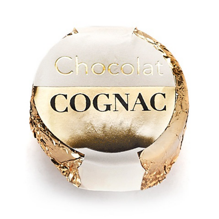 Old cognac coated with intense dark chocolate.