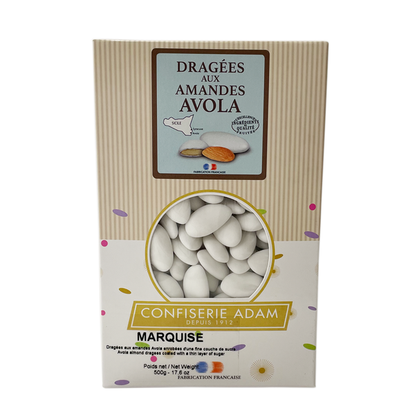 Adam's box of 500g of 45% Avola Almond Marquise Dragées / Boite de 500g de dragées Marquise Amande Avola 45% de notre confiseur Adam.