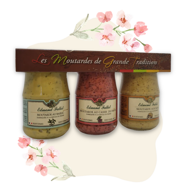 Fallot's set of 3 mustards includes 1 basil mustard; 1 blackcurrant mustard & 1 walnut mustard. 