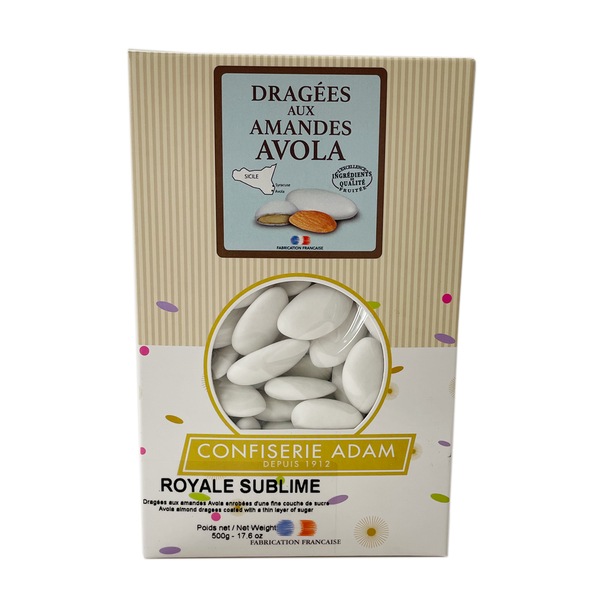 Adam's box of 500g of 53% Avola Almond Sublime Royale dragées / Boite de 500g de dragées Royale Sublime Amande Avola 53% de notre confiseur Adam.