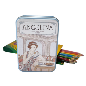 Angelina's collector tin with crêpes dentelle with a box of crayons in the background
