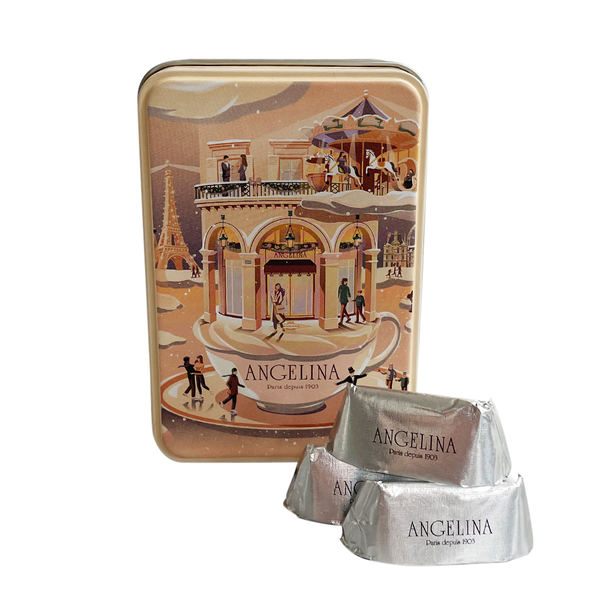 Collector Tin of Angelina's Crispy Dark Chocolate Gianduja. Net weight 100g.