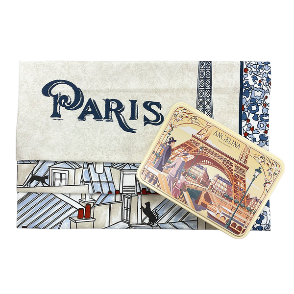 Collector tin of Angelina's biscuits on Beauvillé's tea towel