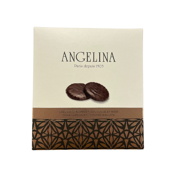 Box of Angelina's dark chocolate coated biscuits. 