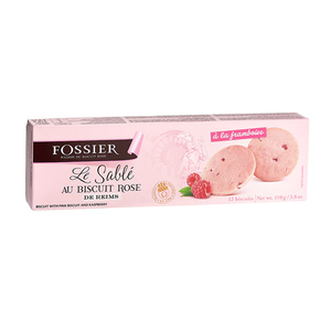 Box of Fossier's raspberry sablés made with Fossier's signature pink biscuit dough.