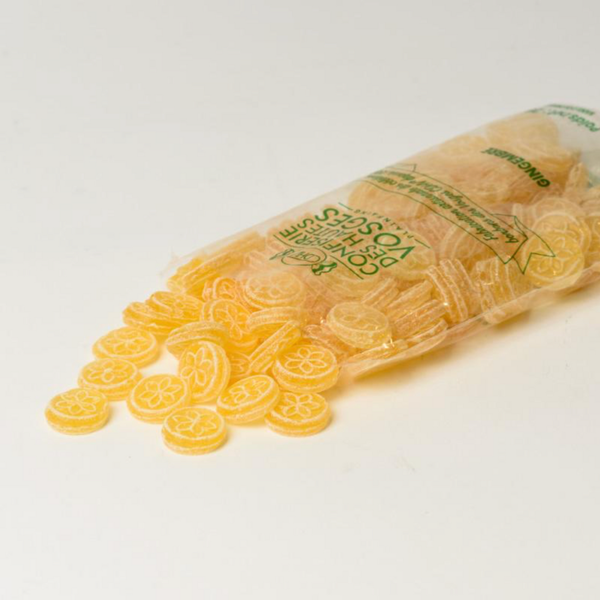 Opened bag of 250g of bulk CDHV's 100% natural ginger frosted candies.