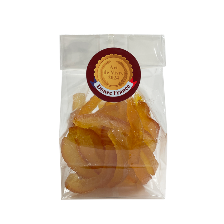 Bag of candied orange peel. Net weight: 100g
