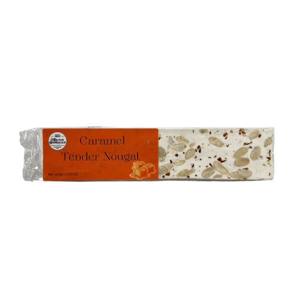 Jonquier's bar of caramel nougat. Net weight: 125g